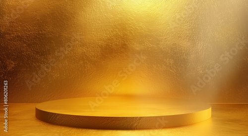 podium at the center, product placement Gold background, shiny golden texture, in the style of shiny gold gradient, in the style of shiny yellow gradient, shiny golden.