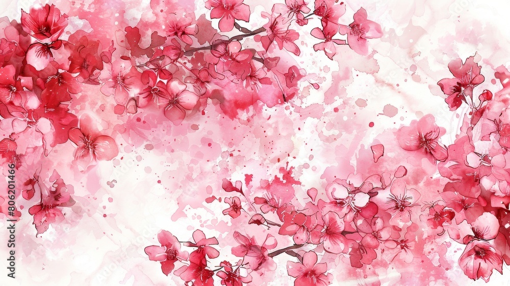 Fototapeta premium This watercolor cherry blossom floral background vector illustration features a pink and red color palette against a white background. It uses pastel colors with high resolution.