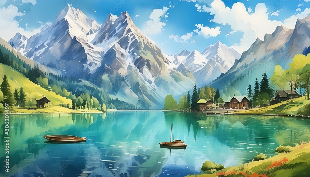 illustration of the alps with beautiful lake in front of it, watercolor masterpiece illustration of the alps with beautiful lake in front of it, watercolor masterpiece