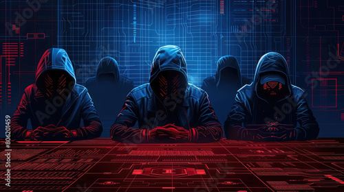 Meticulous planning of cyber thieves as they strategize around a holographic table, mapping out their daring heist in the digital realm. photo