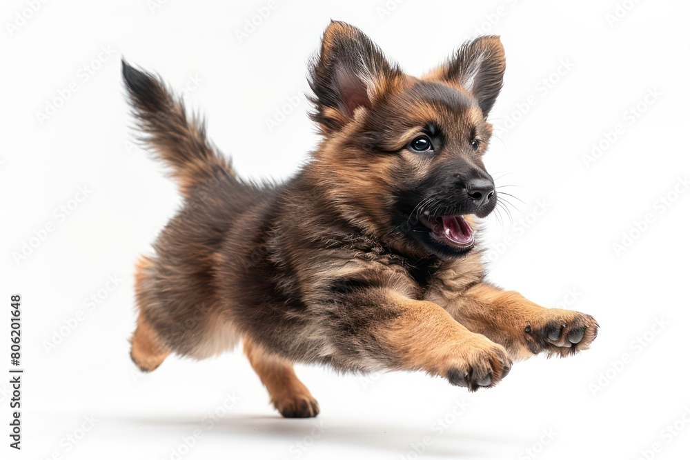 small dog, puppy jumping on white background
