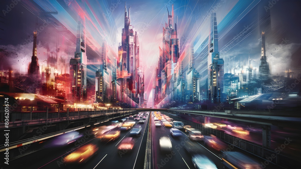 Highway to metropolis cityscape, traffic motion blur, futuristic downtown urban illustration