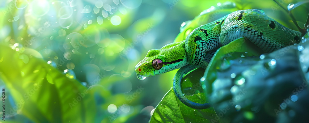 Green Tree Python Snake in Lush Tropical Rainforest Habitat Celebrating ...