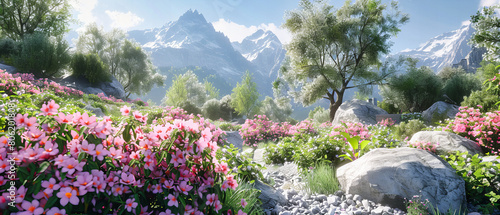 Vibrant Alpine Meadow Blooming with Pink Rhododendrons, Snow-Capped Mountains in the Background photo