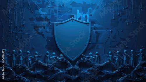Unique depiction of a rebar shield providing security and safety to a group of people, perfectly illustrating a strong protective structure with copy space for your message.
