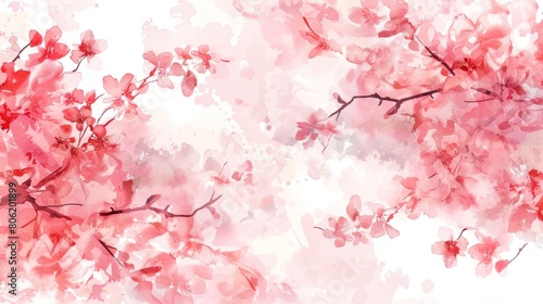 This watercolor cherry blossom floral background vector illustration features a pink and red color palette against a white background. It uses pastel colors with high resolution.
