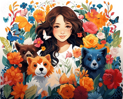 Whimsical vector art of a playful girl in a floral dress with animals, surrounded by colorful flowers, crisp childlike style , against pure white background