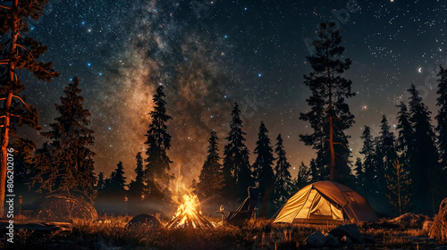 Tent and a fire in the night forest. Vacation in nature. Camping holidays