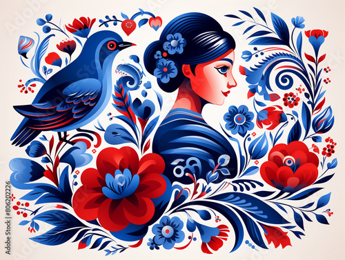 High clarity vector graphic of a folkloric female figure and bird next to a detailed flower, singletone blue, simple backdrop ,  clean and clear drawing photo