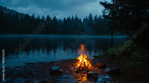 Wallpaper Mural Fire in the night forest. Vacation in nature. Camping holidays. Burning fire on the lake shore Torontodigital.ca