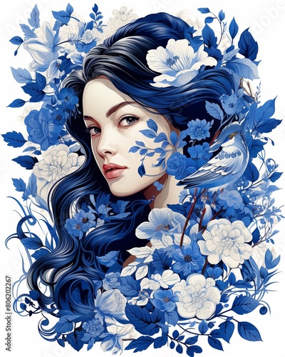 Highresolution vector graphic of a folkstyle woman with bird and floral patterns, clear lines, bold blue on white ,  clean and clear drawing photo