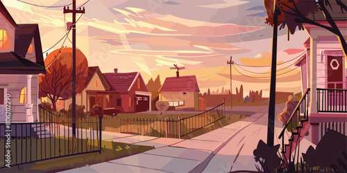 Tranquil Dusk, Suburban Street Scene from House Terrace with Wooden Porch and Cozy Cottages along Countryside Road