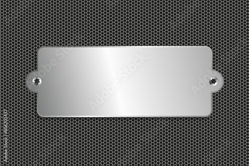 3d Name Engraving silver plate, Polished blank steel metal plate on Dark grid background steel metal texture surface