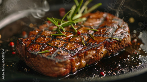Grilled steak on pan with herbs