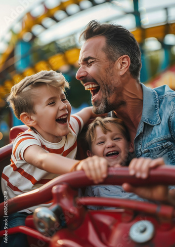 father and son ride on a roller coaster, amusement park, carousel, slide, man, child, boy, kid, family, father's day, joy, emotion, people, portrait, laughter, scream, smile, together, parent, happy