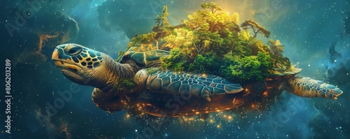 A turtle is floating in space with a forest on its back. The turtle is surrounded by stars and clouds  giving the impression of a fantastical world