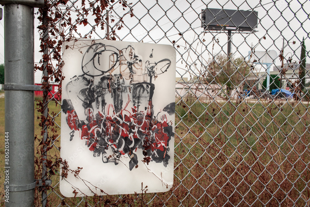 Old abandoned metal sign posted on a metal cyclone fence Stock Photo