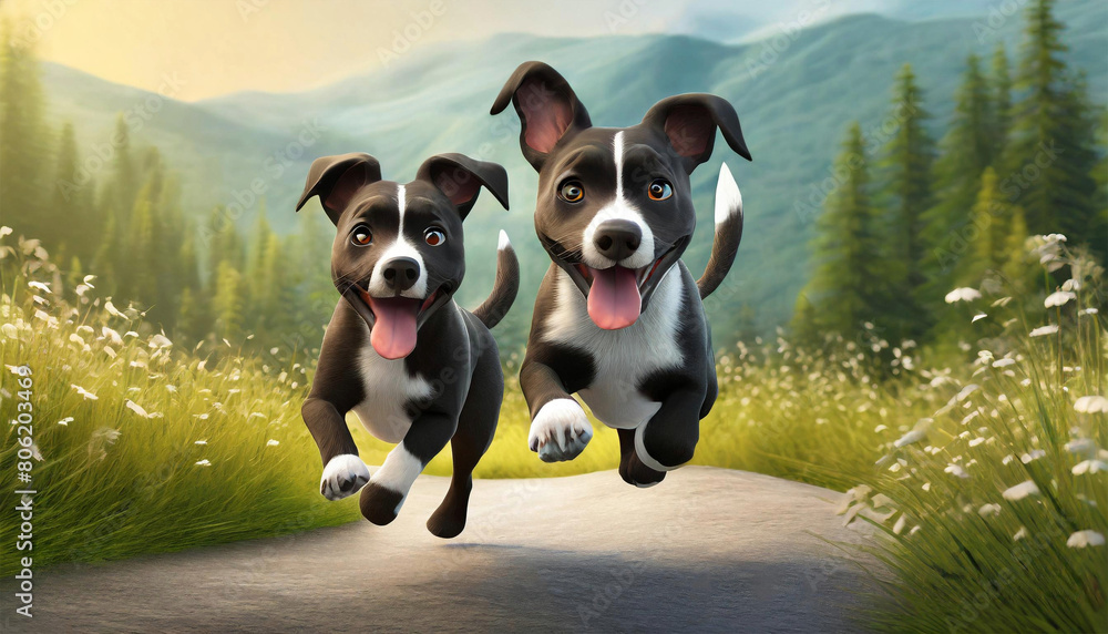 Playful pet puppies runnin, on an outdoor background, illustration.