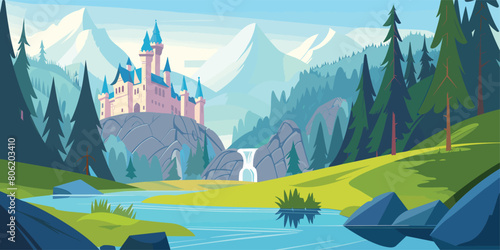 Enchanted Valley, Vector Cartoon Illustration of Fairy Tale Castle