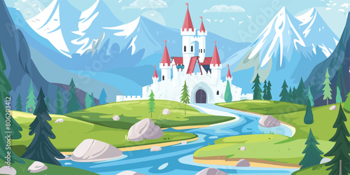 Enchanted Valley, Vector Cartoon Illustration of Fairy Tale Castle