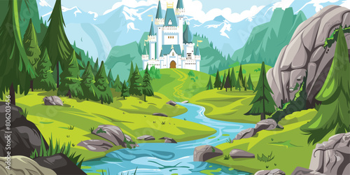Enchanted Valley, Vector Cartoon Illustration of Fairy Tale Castle