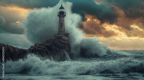 A lighthouse is being battered by large waves during a storm.
