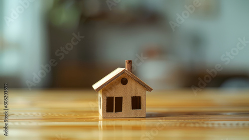 A miniature wooden house on a table.
