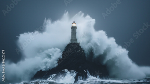 A lighthouse is being battered by large waves during a storm.   © muheeb