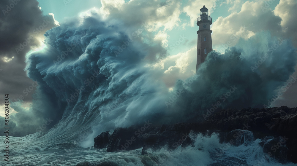 A lighthouse is being battered by large waves during a storm.

