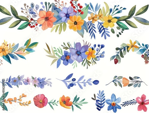 floral borders  watercolor hand drawn on white background