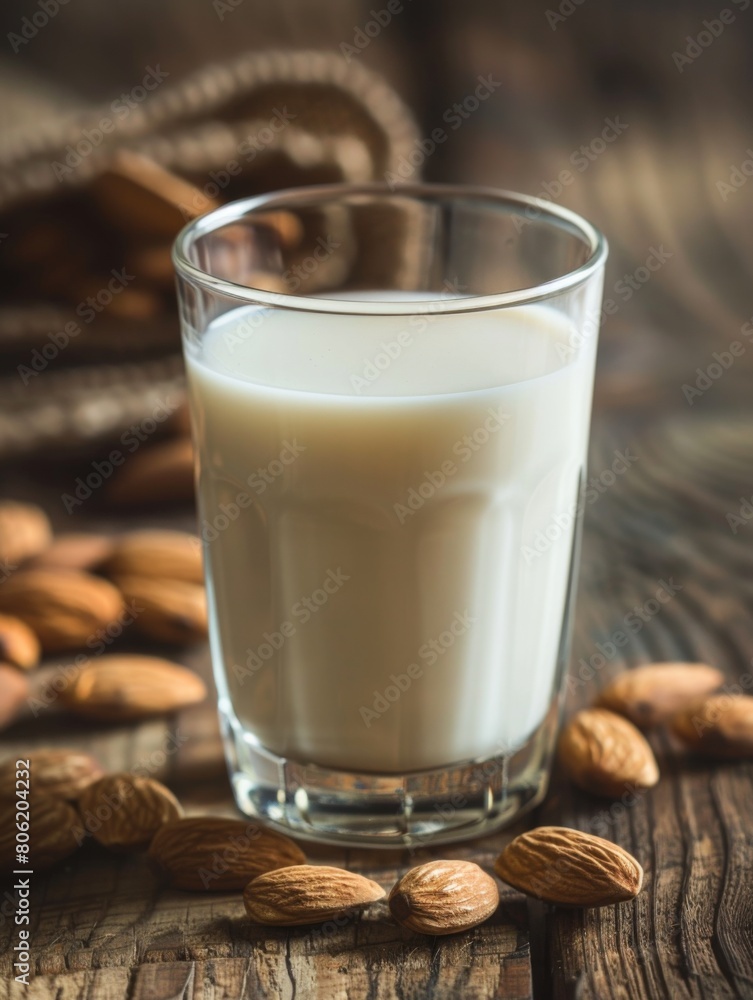 A glass filled with creamy almond milk, showcased against a backdrop of raw almonds scattered on a rustic wooden surface, epitomizes dairy free goodness. A glass filled with creamy almond milk, showcased against a backdrop of raw almonds scattered on a rustic wooden surface, epitomizes dairy free goodness.