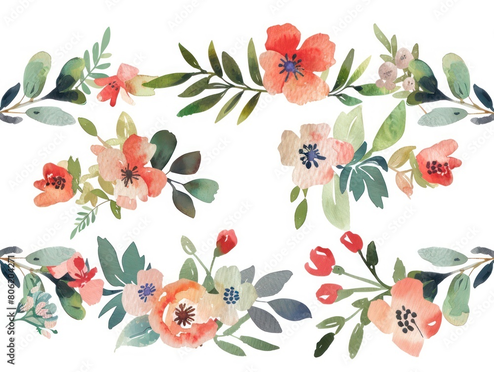 floral borders, watercolor hand drawn on white background