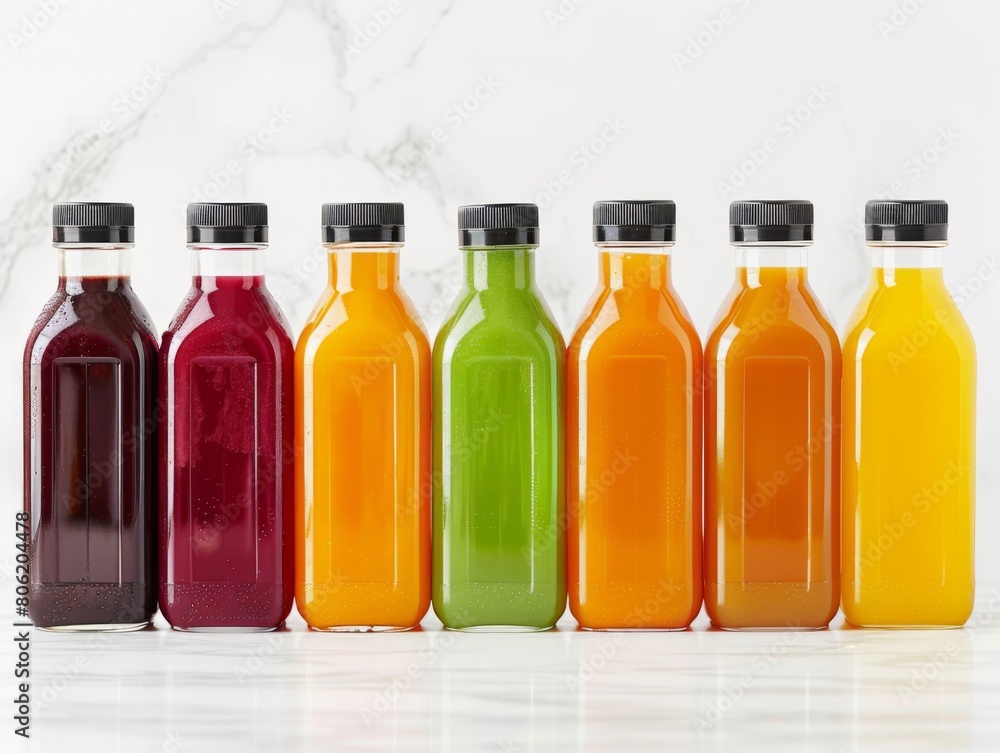 A spectrum of colorful juice bottles lined up against a marbled background, each brimming with nutritious fruit and vegetable blends for a detoxifying feast. A spectrum of colorful juice bottles lined up against a marbled background, each brimming with nutritious fruit and vegetable blends for a detoxifying feast.