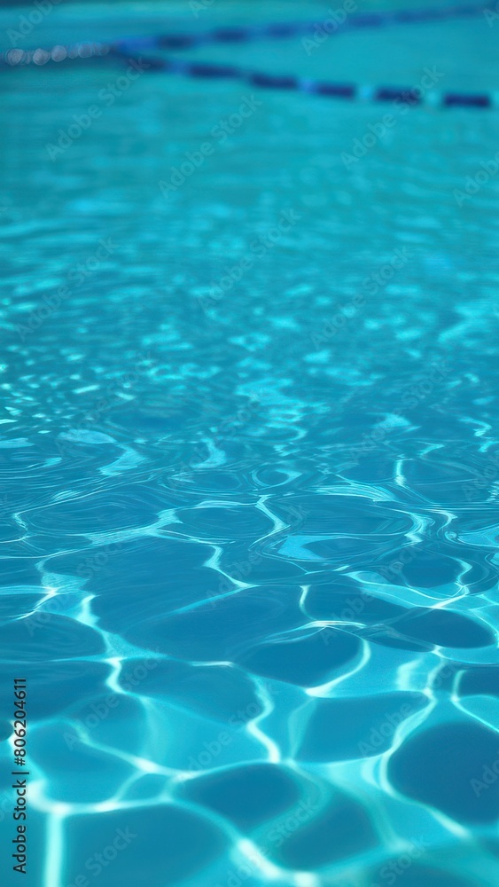 Obraz premium Close view of clear beautiful blue flowing water in swimming pool. Slow motion vertical video. Water surface. Travel and vacation concept. Summer