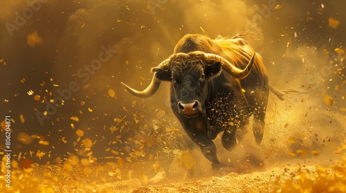Bull on a golden background running on a golden ground photo