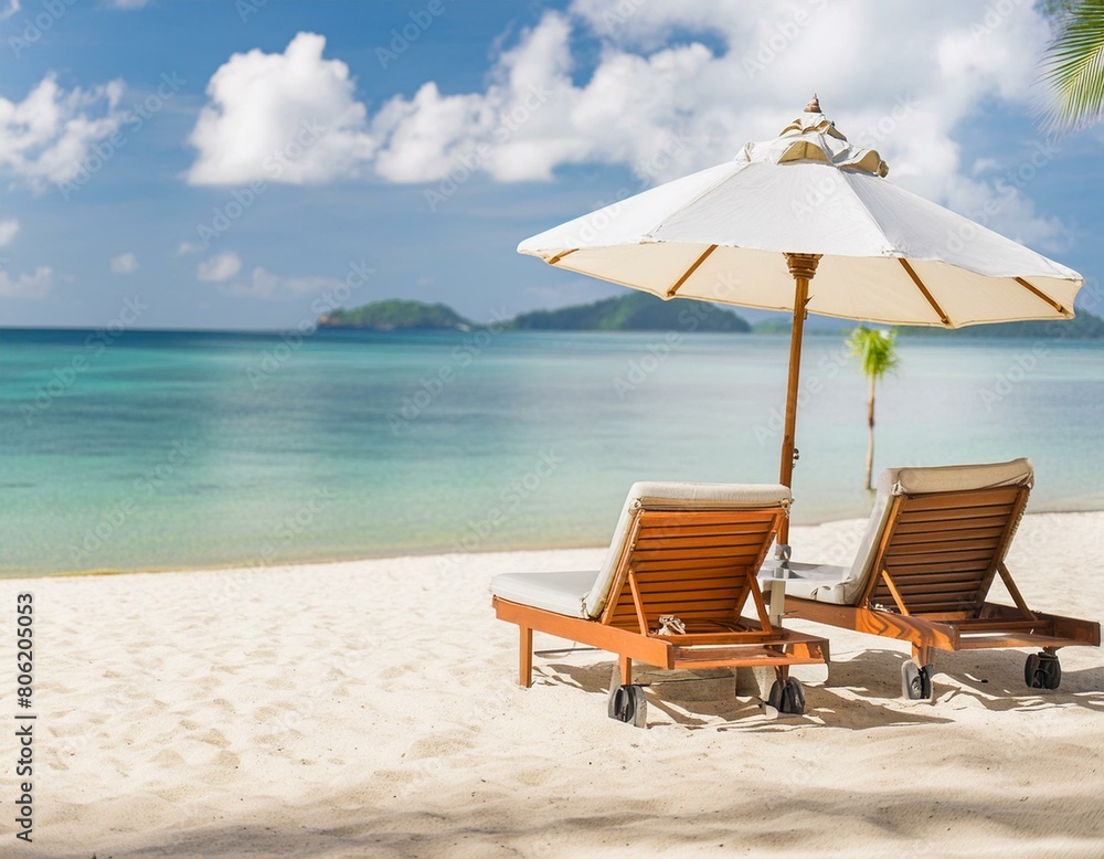 pristine with white sand adorned with chairs and an umbrella of travel and tourism against a wide panoramic backdrop, chairs and umbrella on the beach
