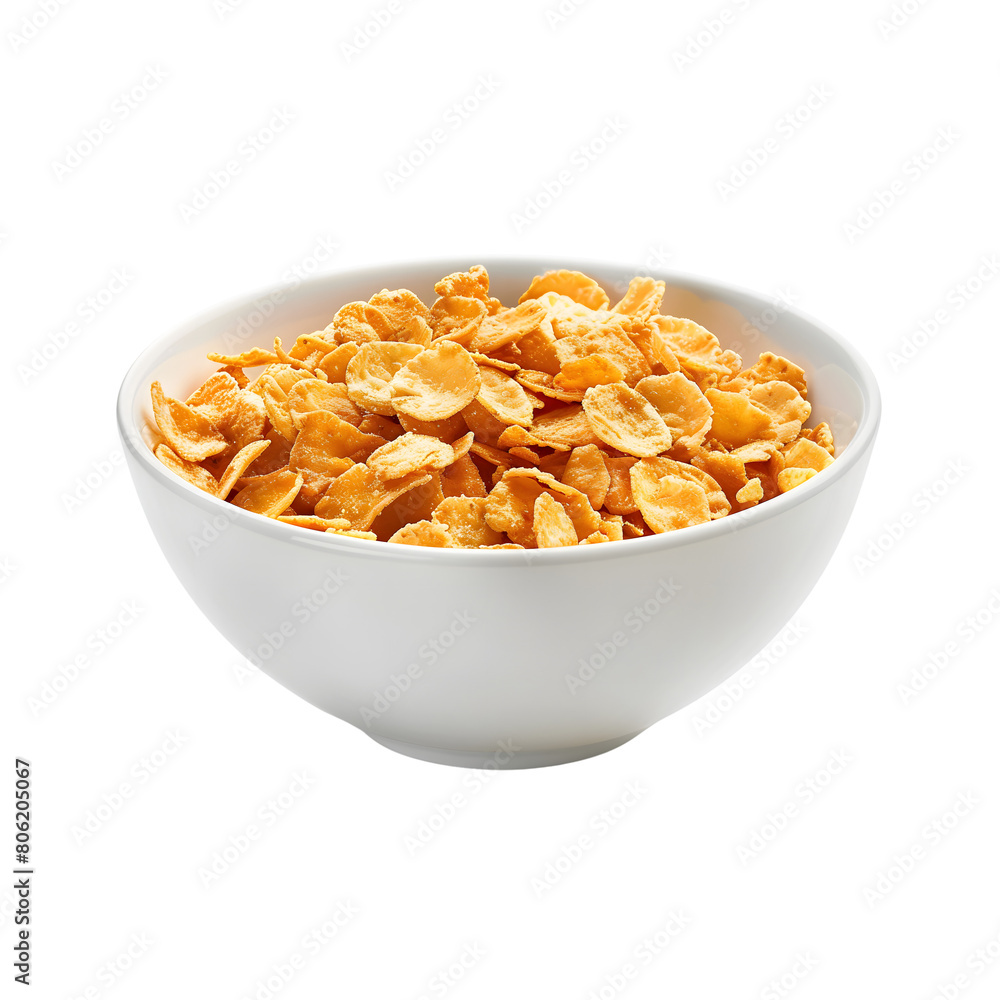 Caramel cornflakes in white bowl isolated on transparent background Generative Ai. Caramel cornflakes in white bowl isolated on transparent background Generative Ai.