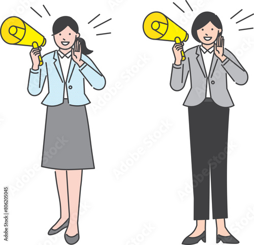 メガホンを持って応援する女性二人-夏期講習ー人物ーシンプルカラーベクターイラスト素材