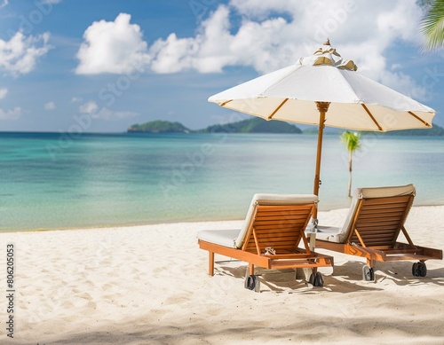 pristine with white sand adorned with chairs and an umbrella of travel and tourism against a wide panoramic backdrop  chairs and umbrella on the beach