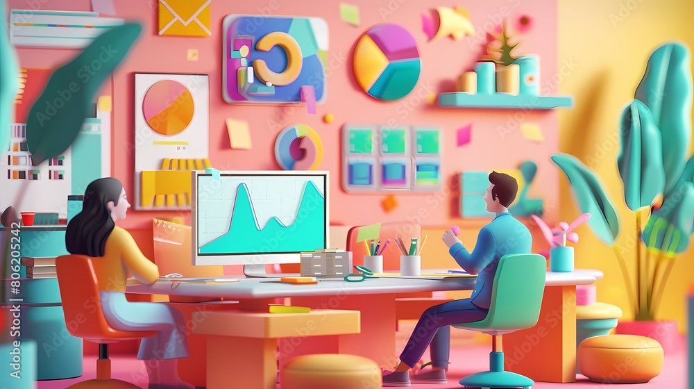A vibrant office space with two people analyzing data on a computer A vibrant office space with two people analyzing data on a computer