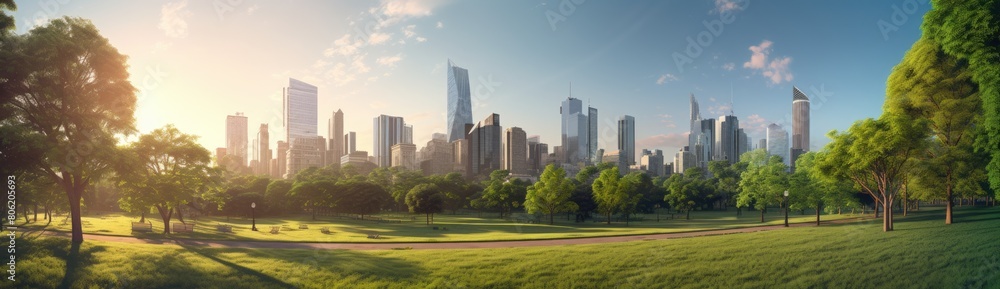 Fototapeta premium Urban Oasis: Panoramic View of Central City Park, a Tranquil Haven Amidst Bustling Streets