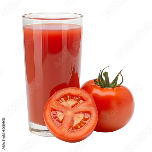 Fresh tomatoes and glass with juice isolated on transparent background Generative Ai. photo