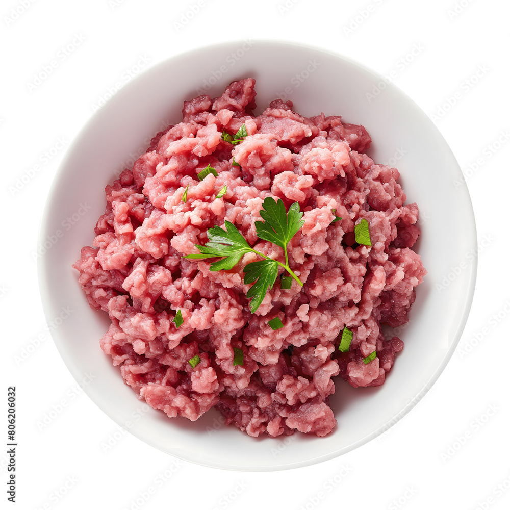 minced meat in a white bowl isolated on transparent background Generative Ai. minced meat in a white bowl isolated on transparent background Generative Ai.