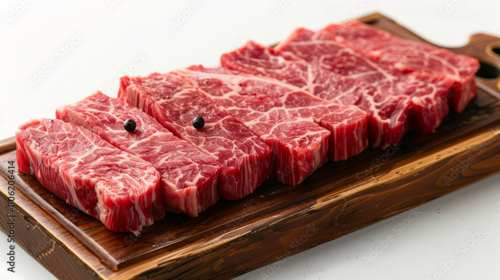 Raw marbled wagyu beef on a wooden board.