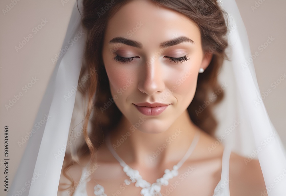 Close-up portrait of beautiful bride with closed eyes on pastel background with copy space Close-up portrait of beautiful bride with closed eyes on pastel background with copy space