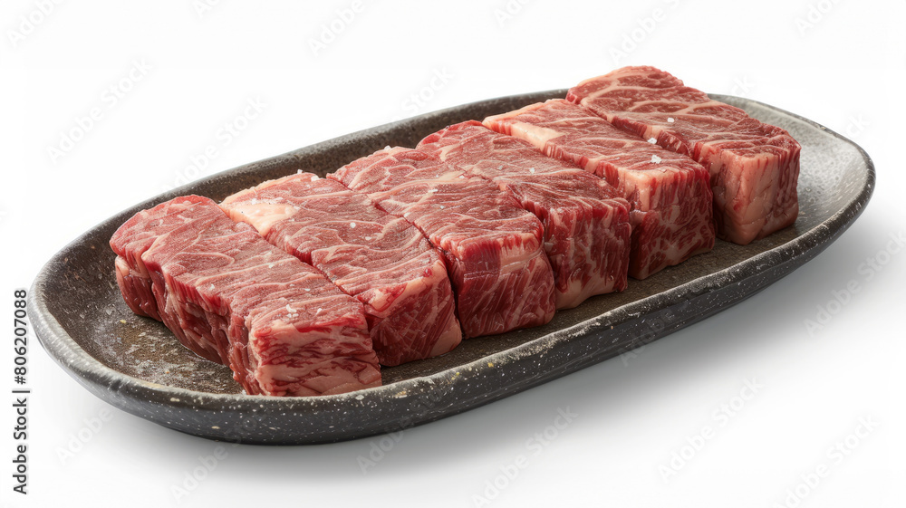 Fototapeta premium Raw marbled ribeye steaks on a plate.