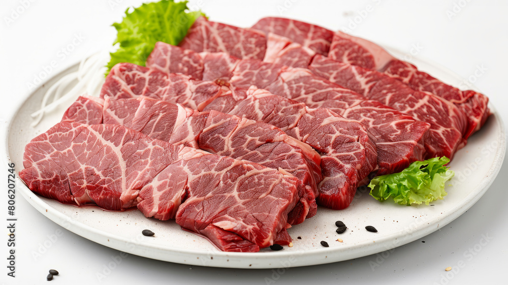 Sliced raw beef on a plate with lettuce