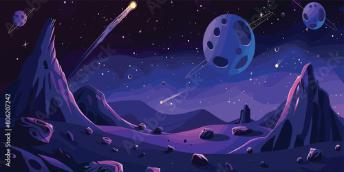 Celestial Journey, Cartoon Vector Illustration of Galactic Landscape