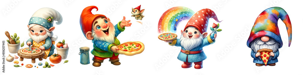 Fototapeta premium Watercolor pizza set on white background