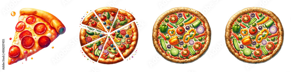 Watercolor pizza set on white background Watercolor pizza set on white background